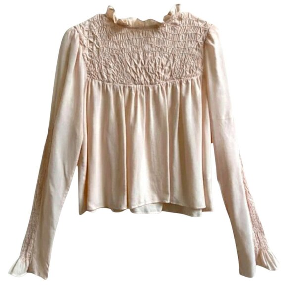 Free People Smocked Yoke Blouse Pink Coral Boho Peasant Top Long Sleeve XS - Picture 3 of 9